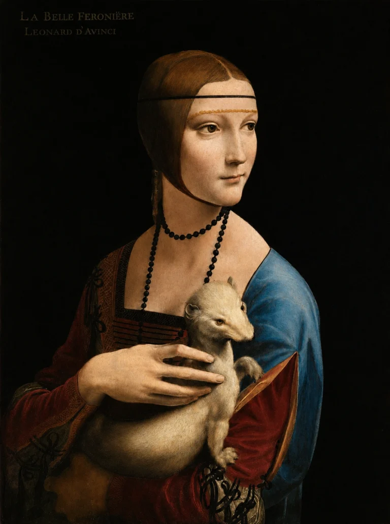 Vibrant color edit of The Lady with an Ermine by Leonardo da Vinci, showing a Renaissance woman in richly colored red and blue clothing holding a white ermine against a dark background.