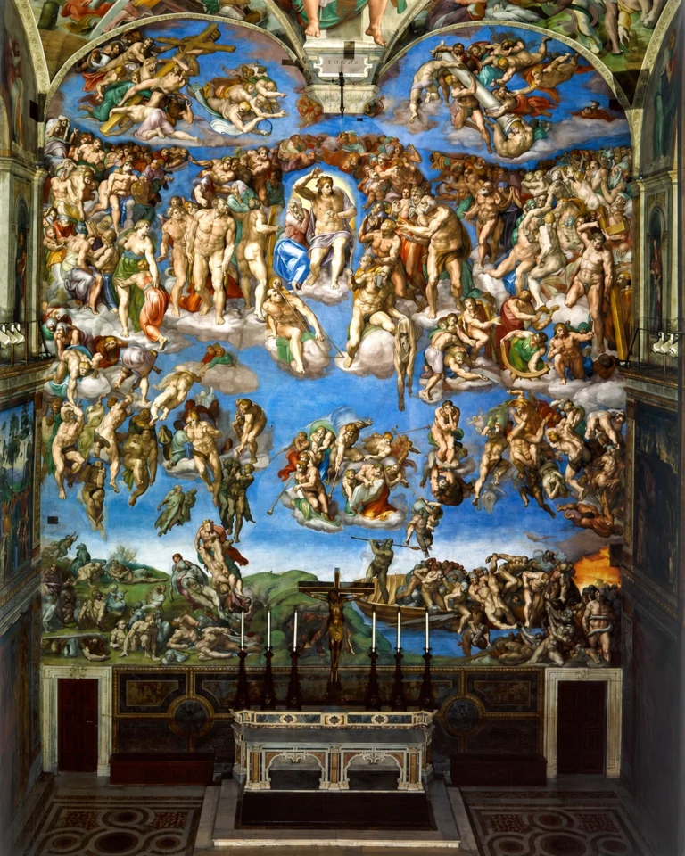 Vibrant color edit of “The Last Judgement” by Michelangelo, showing Christ surrounded by saints, angels, the saved, and the condemned in the Sistine Chapel fresco.