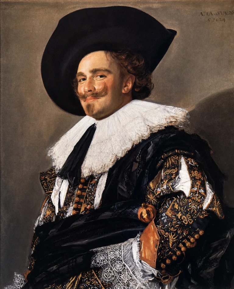 Vibrant color edit of “The Laughing Cavalier” by Frans Hals, showing a smiling man in a wide black hat, white lace collar, and richly embroidered black-and-gold clothing against a muted background.