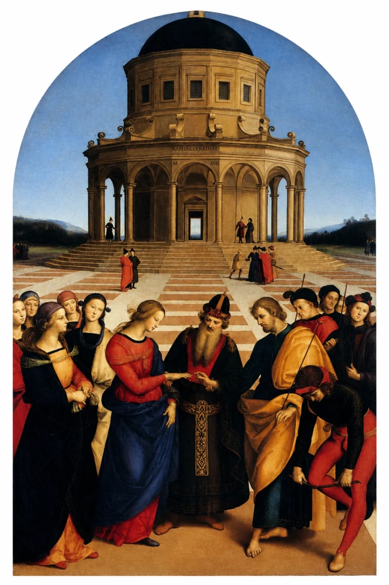 Vibrant color edit of “The Marriage of the Virgin” by Raphael, showing Mary and Joseph exchanging rings before a priest in a Renaissance plaza with a domed temple in the background.