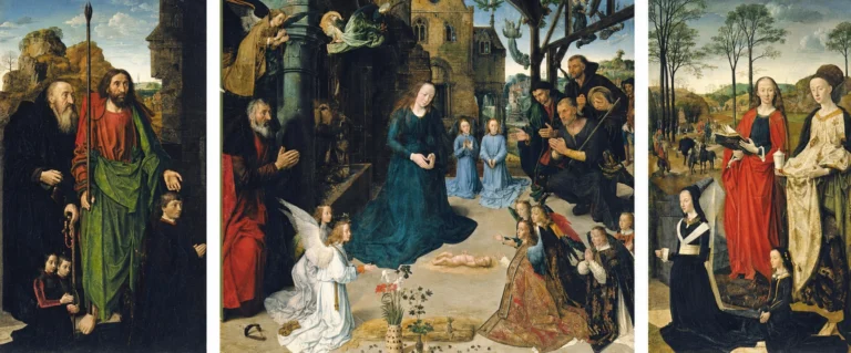 Vibrant color edit of The Portinari Altarpiece by Hugo van der Goes, showing the Nativity scene across three richly detailed Renaissance panels.