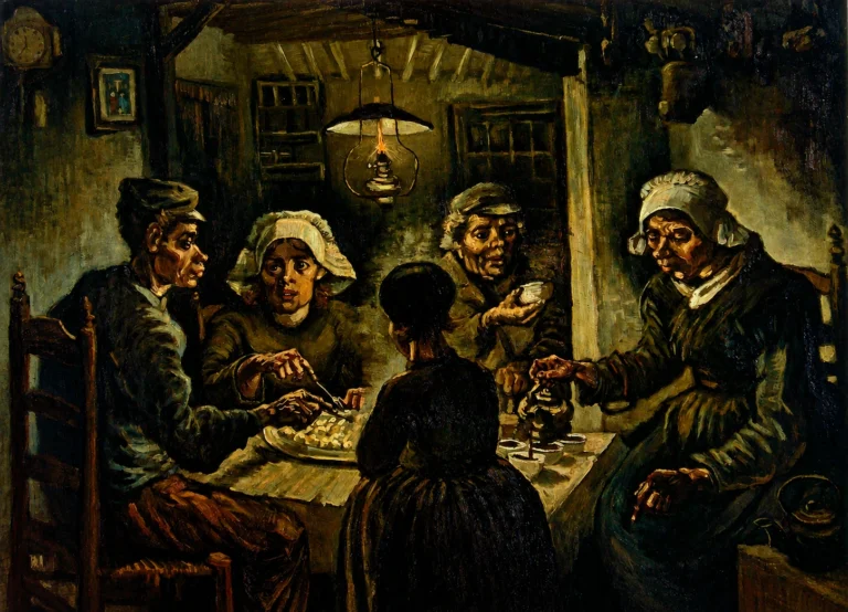 Vibrant color edit of The Potato Eaters by Vincent van Gogh, showing a peasant family gathered around a table in a dim rustic interior, illuminated by warm lamplight while eating potatoes and drinking coffee.