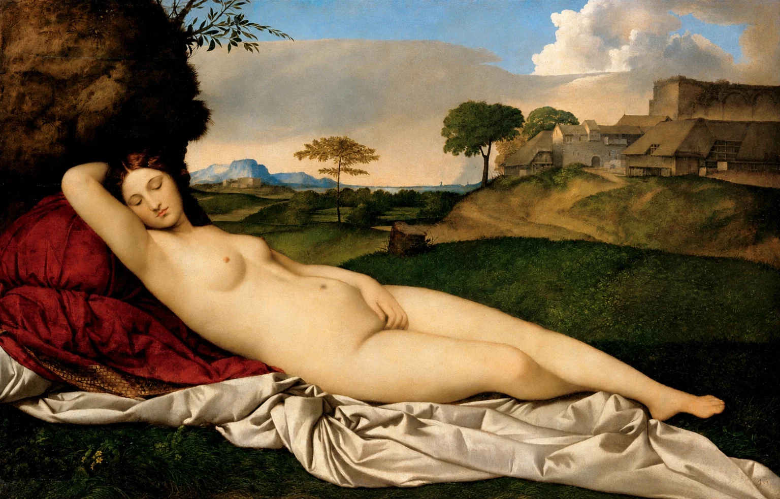 Vibrant color edit of The Sleeping Venus by Giorgione, showing a reclining nude figure resting in a pastoral landscape with richer greens, warmer skin tones, deeper red drapery, and a clearer blue sky.