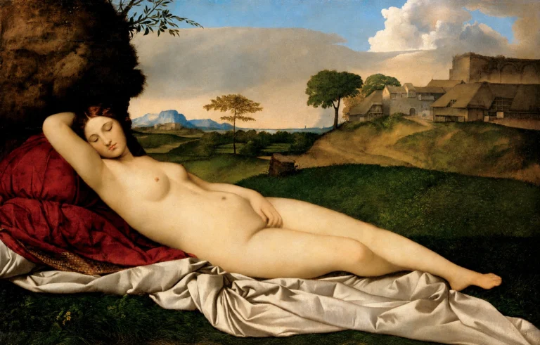 Vibrant color edit of The Sleeping Venus by Giorgione, showing a reclining nude figure resting in a pastoral landscape with richer greens, warmer skin tones, deeper red drapery, and a clearer blue sky.