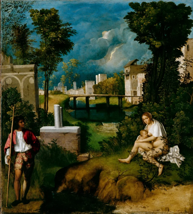 Vibrant color edit of “The Tempest” by Giorgione, showing a pastoral Renaissance landscape with a standing soldier, a seated mother nursing her child, lush trees, distant architecture, and storm clouds lit by lightning.
