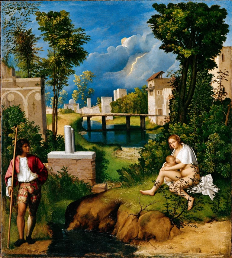 Vibrant color edit of The Tempest by Giorgione, depicting a richly colored Renaissance landscape with a standing man, a seated mother nursing her child, lush trees, distant architecture, a stream and bridge, and a dramatic lightning-filled stormy sky.