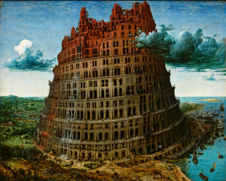 Vibrant color edit of “The Tower of Babel” by Pieter Bruegel the Elder, showing the monumental unfinished tower rising above a detailed landscape and busy harbor.