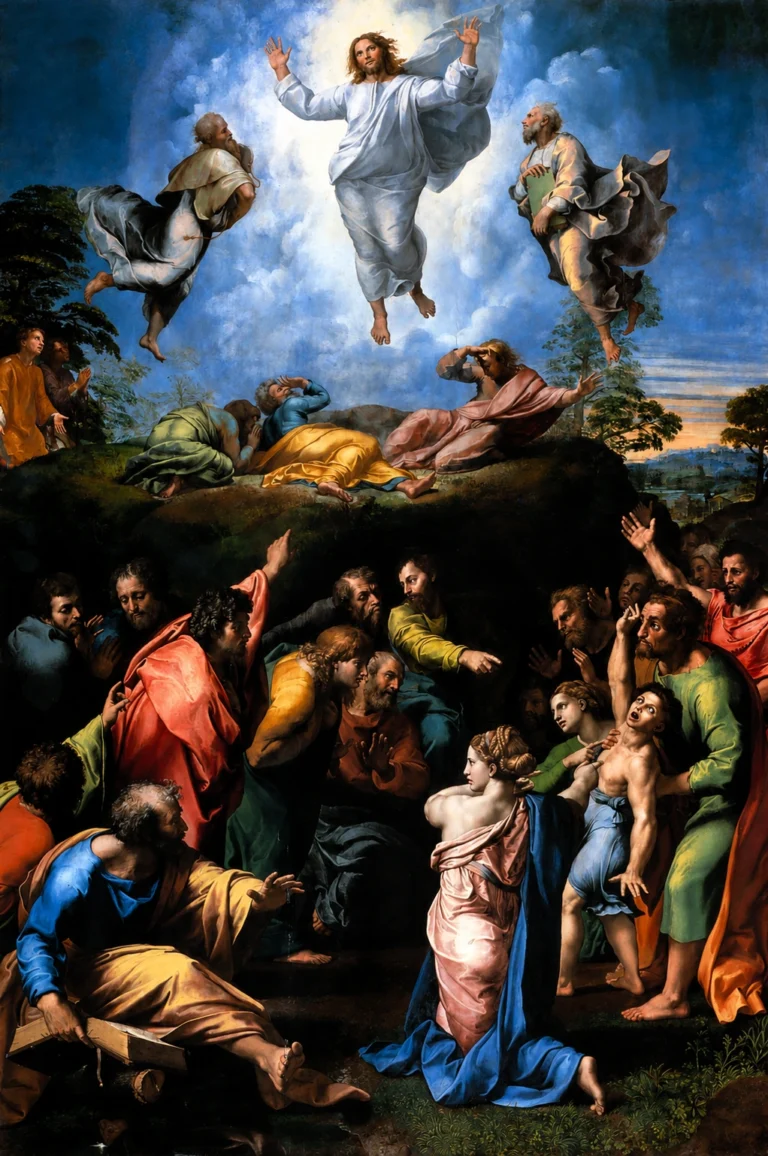 Vibrant color edit of “The Transfiguration” by Raphael, showing Christ glowing above the apostles while a dramatic crowd gathers below.