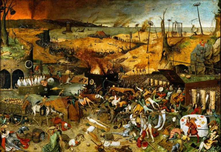 Vibrant color edit of “The Triumph of Death” by Pieter Bruegel the Elder, depicting a vast apocalyptic landscape filled with skeleton armies, fire, destruction, and chaotic scenes of death.