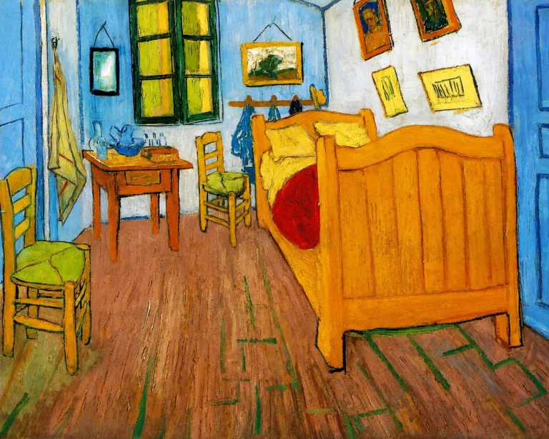 Vibrant color edit of “Vincent’s Bedroom in Arles” by Vincent van Gogh, showing a bright bedroom interior with a golden wooden bed, green chairs, blue walls, framed pictures, a small table, and expressive brushwork.