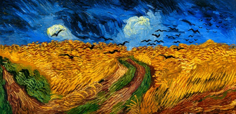 Vibrant color edit of Wheatfield with Crows by Vincent van Gogh, showing a golden wheat field divided by a winding path beneath a dramatic deep blue sky filled with dark flying crows and swirling brushstrokes.