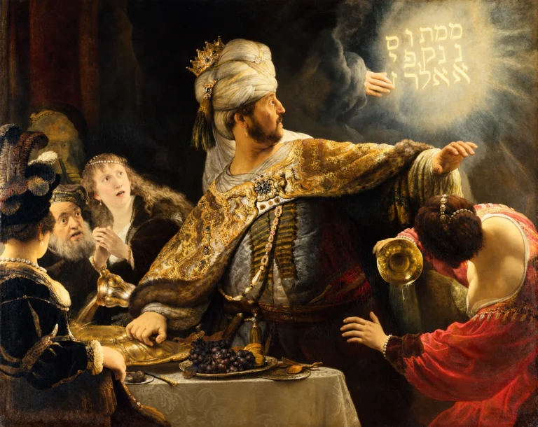 Vibrant color edit of Belshazzar's Feast by Rembrandt, showing the startled king and banquet guests reacting to the glowing mysterious writing on the wall.