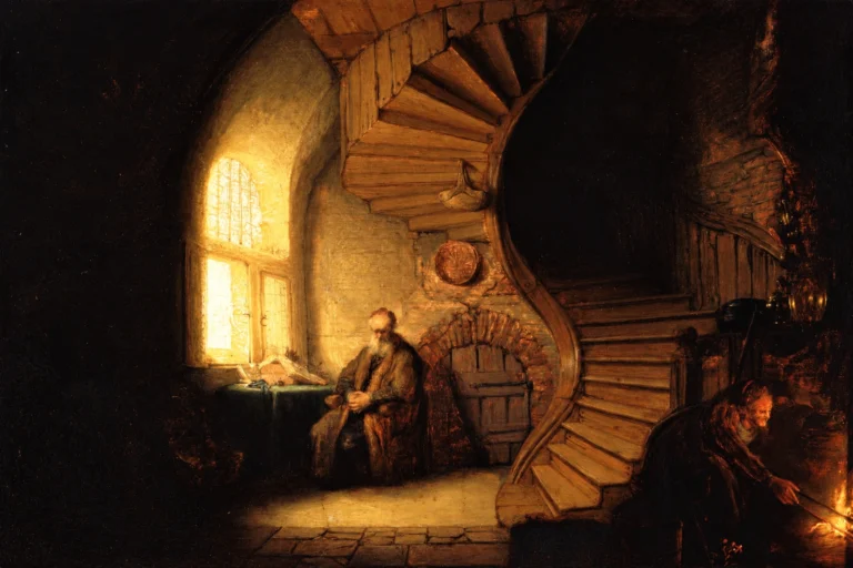 Vibrant color edit of “Philosopher in Meditation” by Rembrandt, showing a warmly illuminated seventeenth-century interior with a contemplative seated man beside a glowing window, a sweeping wooden staircase, deep shadows, and a second figure tending a fire.