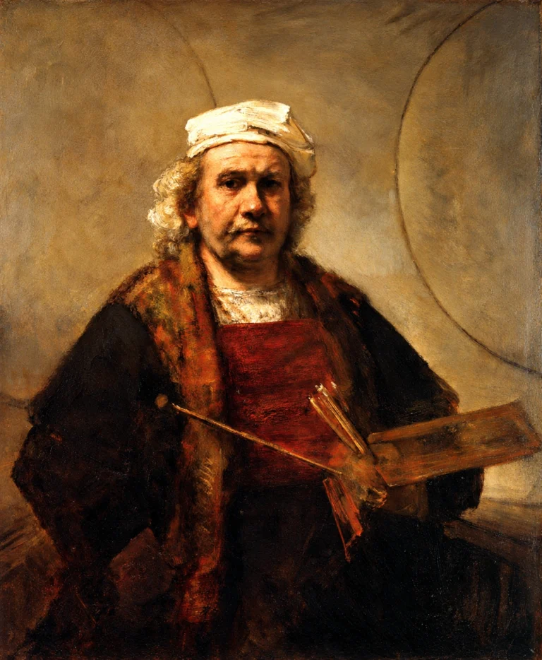 Vibrant color edit of “Self Portrait with Two Circles” by Rembrandt, showing the artist in a dark robe and warm red garment, wearing a light head covering and holding painting tools against a softly textured studio background.