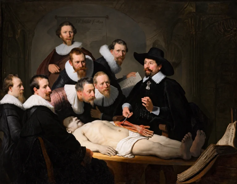 Vibrant color edit of The Anatomy Lesson of Dr. Nicolaes Tulp by Rembrandt, showing Dr. Tulp demonstrating the anatomy of a cadaver to a group of physicians gathered around the dissection table.