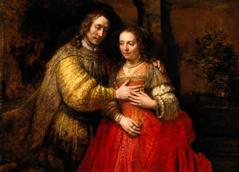 Vibrant color edit of The Jewish Bride by Rembrandt, featuring the couple in richly enhanced golden, red, and warm brown tones while preserving the painting's intimate composition and dramatic lighting.
