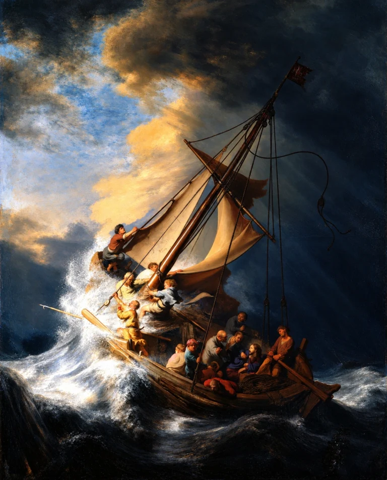 Vibrant color edit of The Storm on the Sea of Galilee by Rembrandt, showing a small boat tossed by powerful waves beneath a dramatic stormy sky as the disciples struggle against the wind and sea.