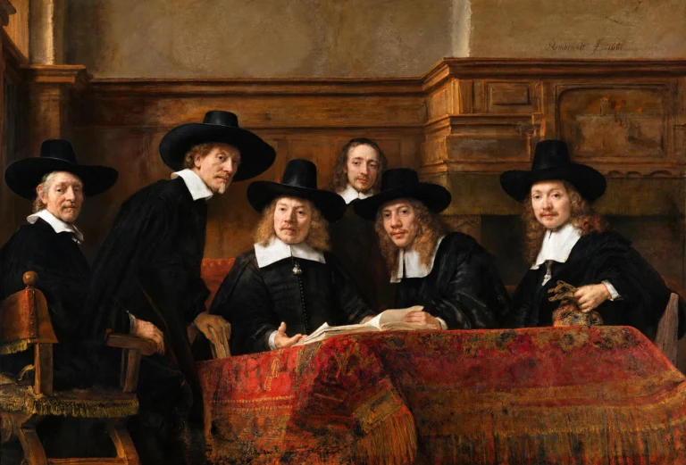 Vibrant color edit of “The Syndics” by Rembrandt, showing six men in black attire gathered around a table covered with a richly patterned red cloth, with enhanced warm tones, sharper details, and more vivid lighting.