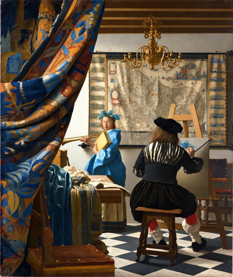Vibrant color edit of “The Art of Painting” by Johannes Vermeer, depicting an artist painting a young woman dressed in blue inside a richly decorated Dutch interior, with enhanced colors, intricate details, and dramatic natural lighting.