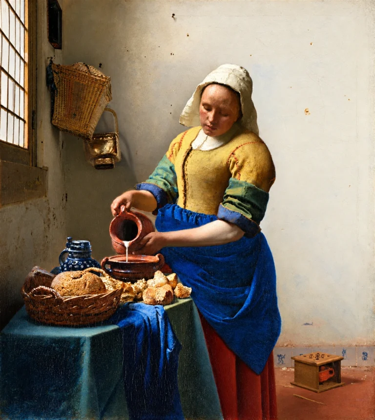 Vibrant color edit of “The Milkmaid” by Johannes Vermeer, featuring a young woman pouring milk into a bowl in a sunlit kitchen, with enhanced golden yellows, rich blues, warm earthy tones, and sharper details.