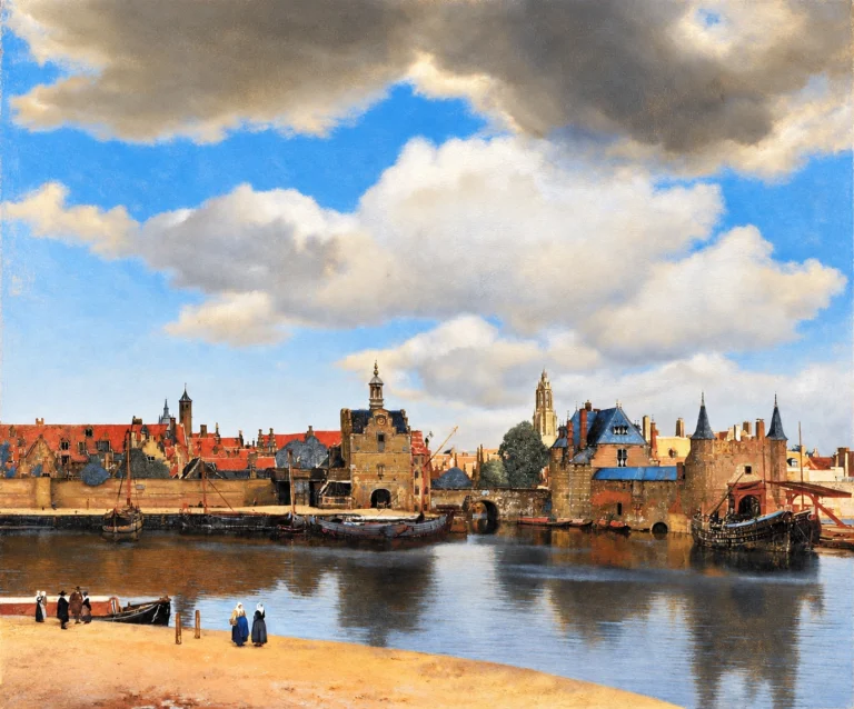 Vibrant color edit of “View of Delft” by Johannes Vermeer, featuring a historic Dutch cityscape with richly colored rooftops, dramatic clouds, luminous blue skies, and detailed reflections in the tranquil waterfront.